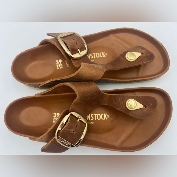 Birkenstock Gizeh Womens Size 8 Cognac Leather Big Buckle Sandals EU 39 NEW - Picture 12 of 14